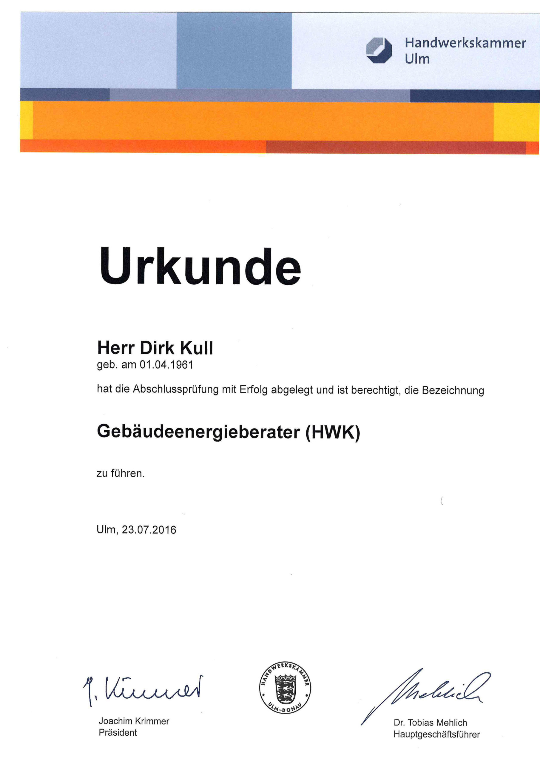 Gebäudeenergieberater (HWK), Zertifikat Dirk Kull