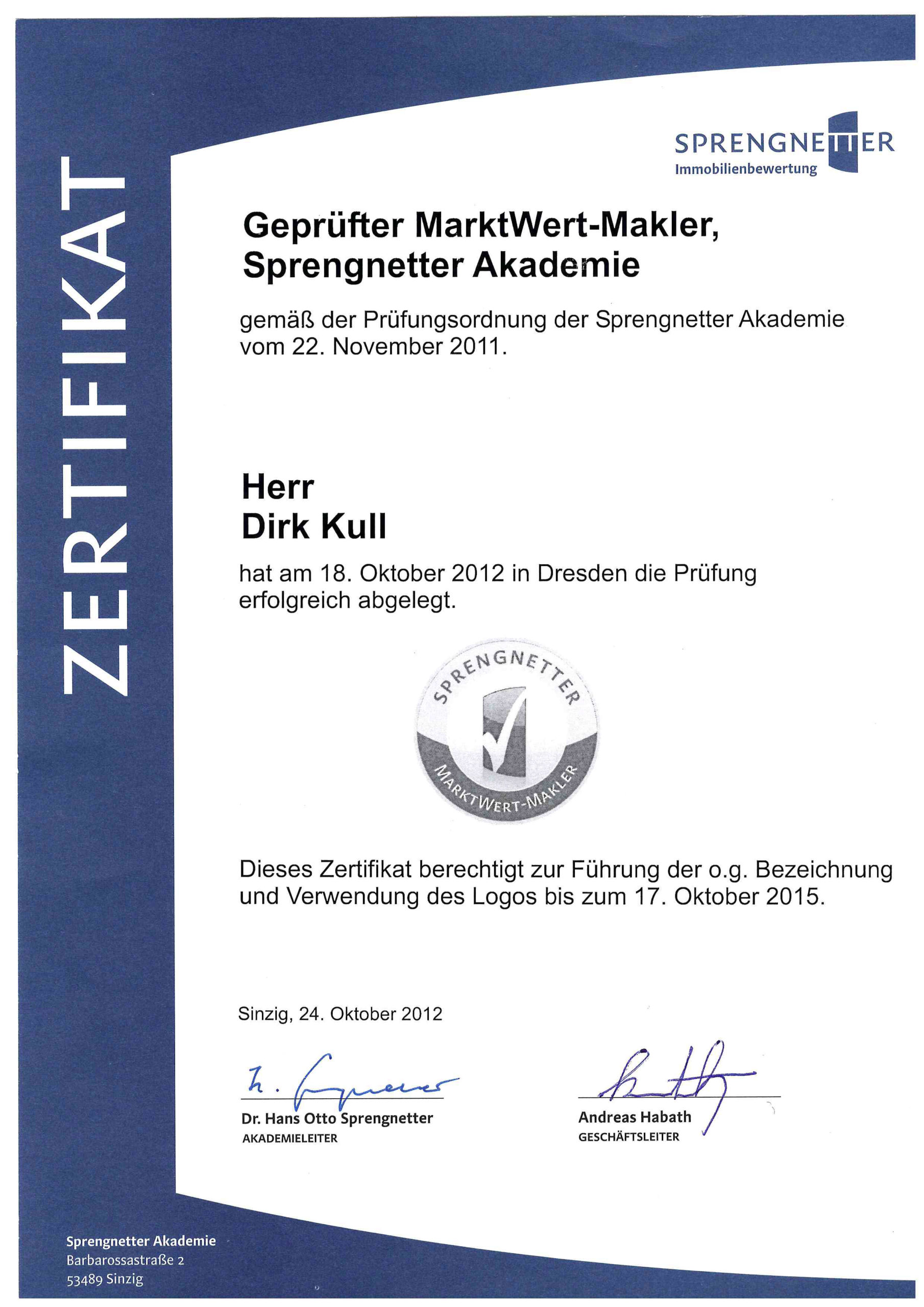 Marktwert Makler, zertifikat Dirk Kull